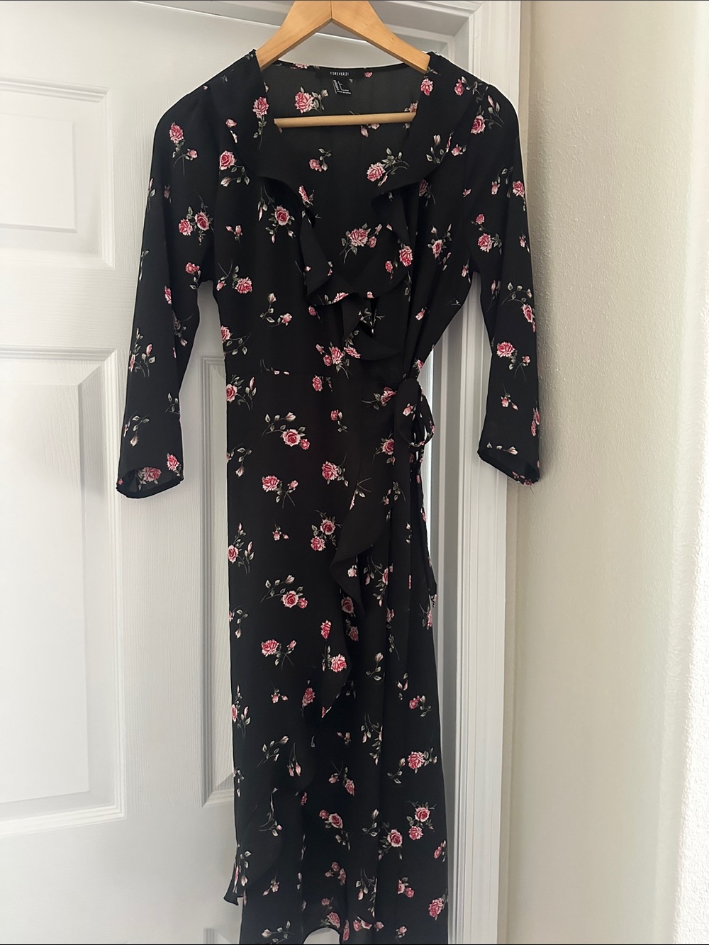 Forever 21 Black Floral Ruffle Wrap Midi Dress